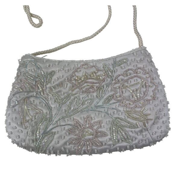 Vintage White Beaded Evening Bag With Floral Embroidery & Rope Strap - Picture 2 of 13